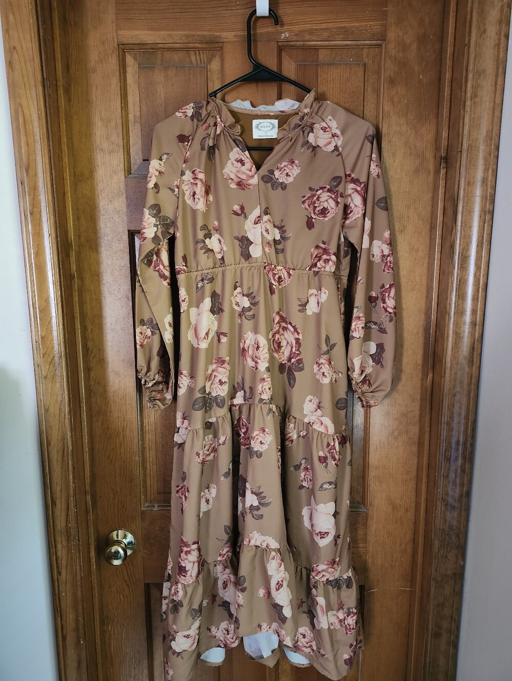 Floral Tiered Midi Dress - Taupe with Pink Rose Print. Long Dress